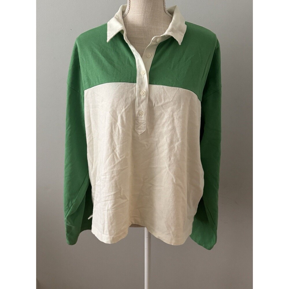 J.Crew Women's Green and White Long Sleeve Rugby Polo Shirt Size XXL